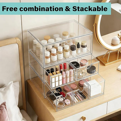Prsildan Acrylic Makeup Organizer, 2 Pack Stackable Storage Drawers with 6 Drawers for Office Desk Vanity Craft Room Clear Drawer Organizers for Hair Accessories Art Supplies Cosmetics Modular System