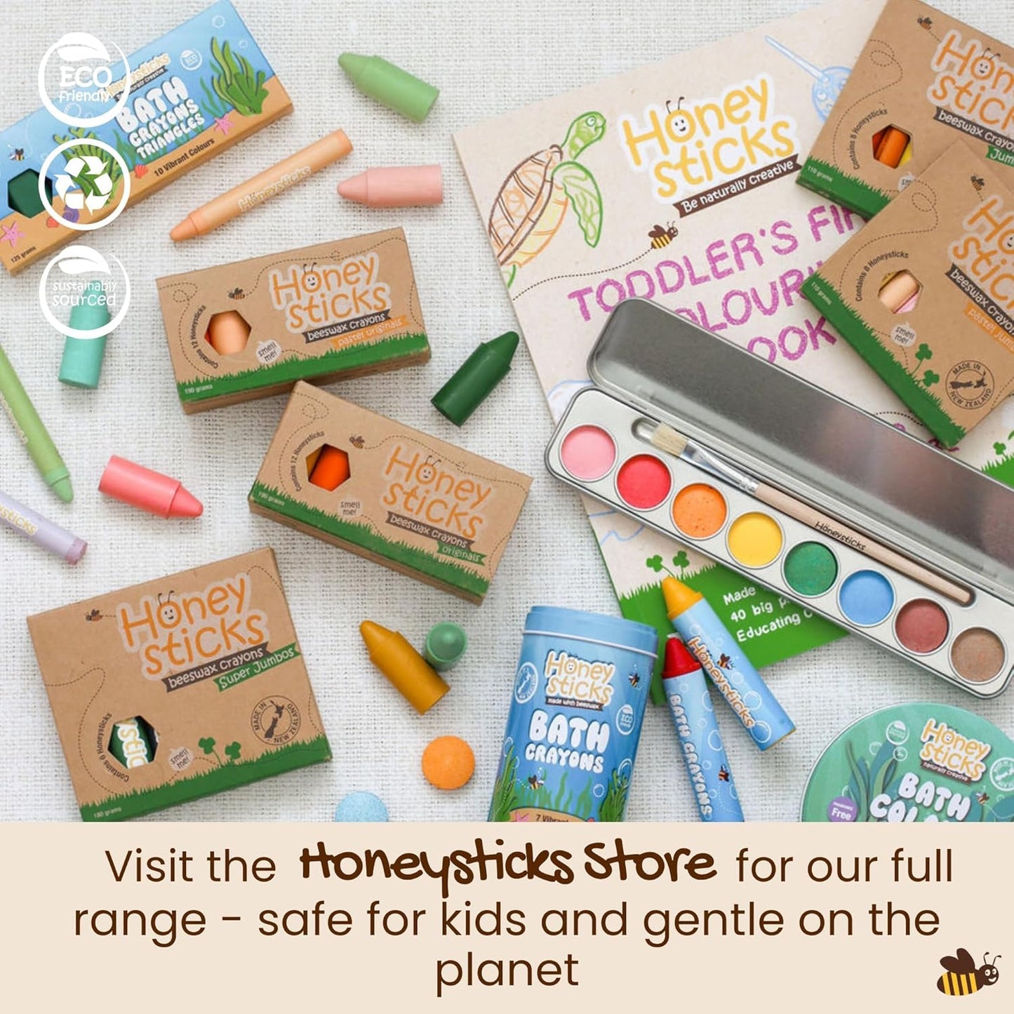 Honeysticks 100% Pure Beeswax Crayons (12 Pack) - Non Toxic Crayons, Safe for Babies and Toddlers, for 1 Year Plus, Handmade in New Zealand with Natural Beeswax, Food-Grade Colors, Eco-Friendly