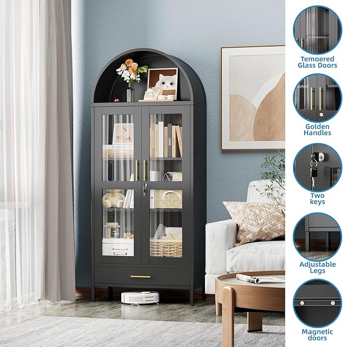 Arched Cabinet with Glass Doors, Modern Kitchen Pantry Cabinet with 2