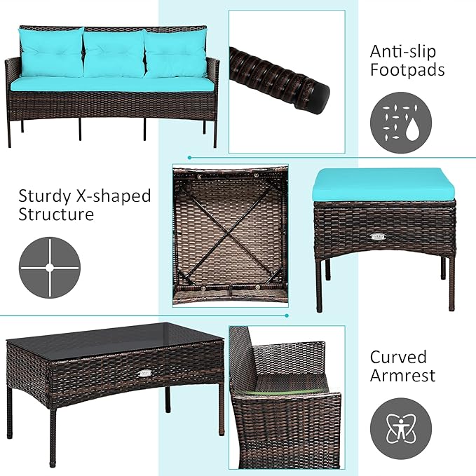 Tangkula 3 Pieces Patio Conversation Set, Outdoor PE Rattan Wicker Furniture