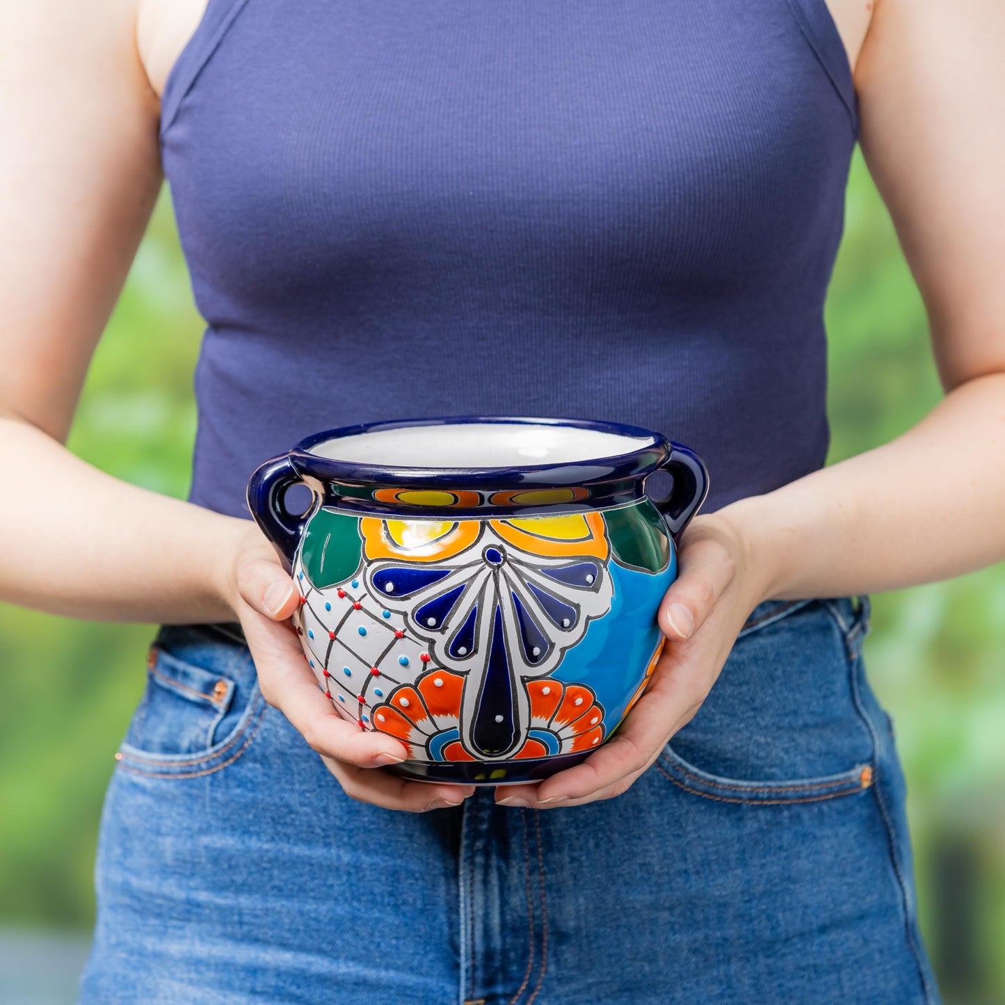 Evergreen 7 inch Talavera planters, Set of 2, Mexican Pottery Ceramic Mini Jug, Flower Pot Plant Succulent, Indoor Outdoor