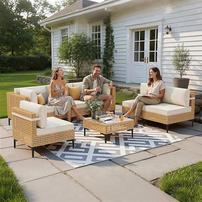 ABCASA Patio Furniture Set, Boho Patio Conversation Set Sectional Sofa