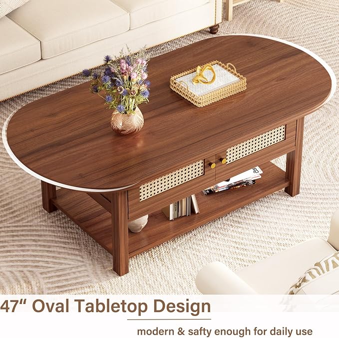 LVB Rattan Coffee Table, Boho Wood Living Room Table