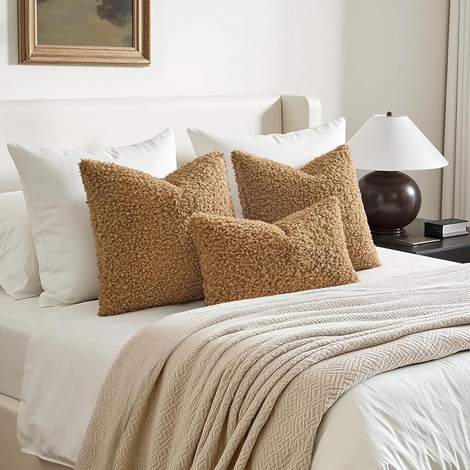 Faux Fur Throw Pillow Covers 20x12 Inch Set of 2 Boucle Neutral Decorative