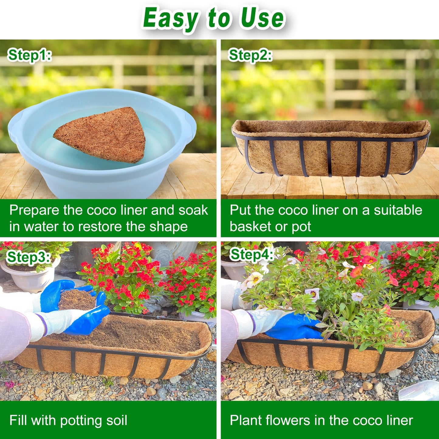 REMIAWY Coco Liners for Planters 24 Inch, 2 Packs Natural Coconut Fiber Coir Flower Basket Window Box Liners, Trough Planter Insert for Outdoor Plant Large Pots Garden Fence Decoration