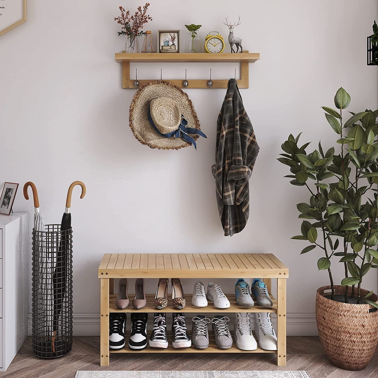 SMIBUY Coat Hooks with Shelf Wall-Mounted, 74 cm Entryway Coat Rack for Wall, Bamboo Hanging Shelf with 5 Double Metal Hooks for Bathroom, Bedroom, Kitchen, Living Room, Mudroom (Natural)