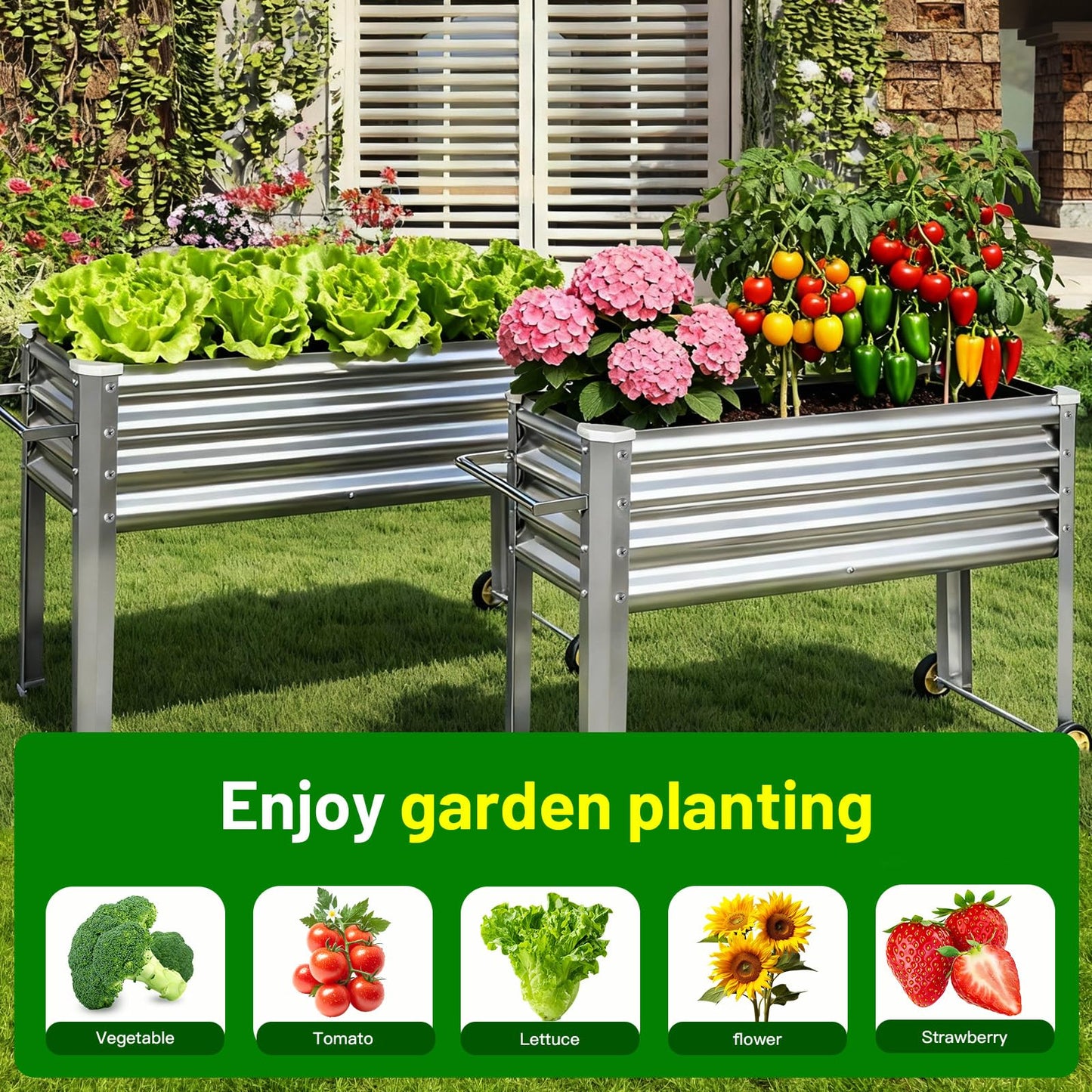 Land Guard 2 Pack Galvanized Raised Garden Bed with Legs & Wheels, 36×12×32in Metal Elevated Raised Planter Box for Backyard, Patio, Balcony, 300lb Capacity, Silver