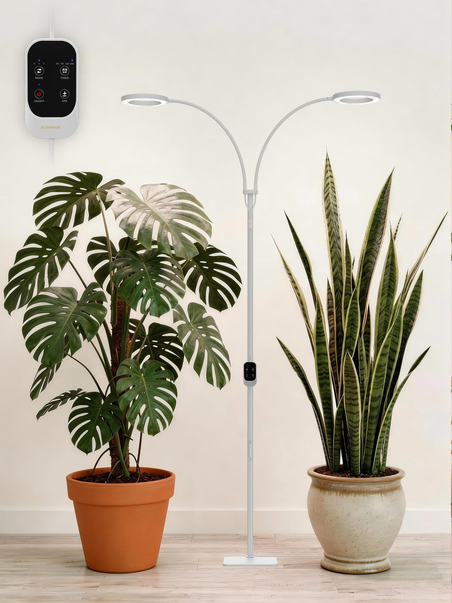 GLOWRIUM Grow Lights for Indoor Plants, Full Spectrum LED Grow Light Floor Lamp with Stand Adjustable Height and Angle, Black Plant Light with 3/9/12H Grow Light Timer (White, 36W)