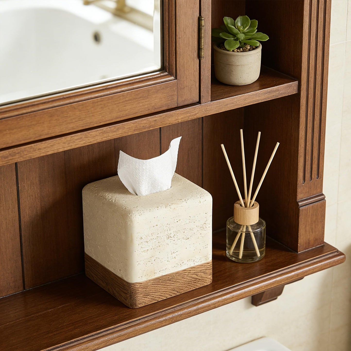 Natural Travertine Match Wooden Square Tissue Box Cover Decorative,Resin Heavy Sturdy Tissue Box Holder, Facial Paper Holder for Bathroom Vanity Countertop, Bedroom Night Stand,Office and End Table