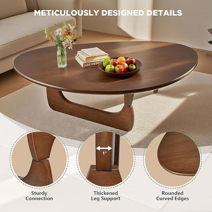 Solid Wood Triangle Coffee Table,Unique Mid Century Modern Oval Coffee Table,Irregular Geometric Tea Tables for Home Living Room with Wooden Tabletop and Reinforced Legs Walnut 35" L x 24" W x 16" H
