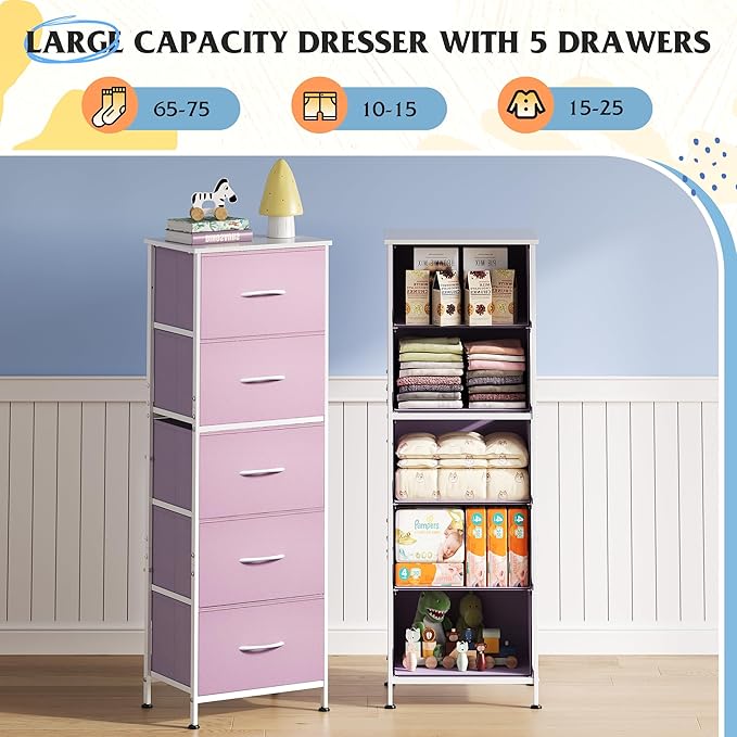 WLIVE Fabric Dresser for Bedroom, 5-Drawer Tall Dressers, Storage Organizer
