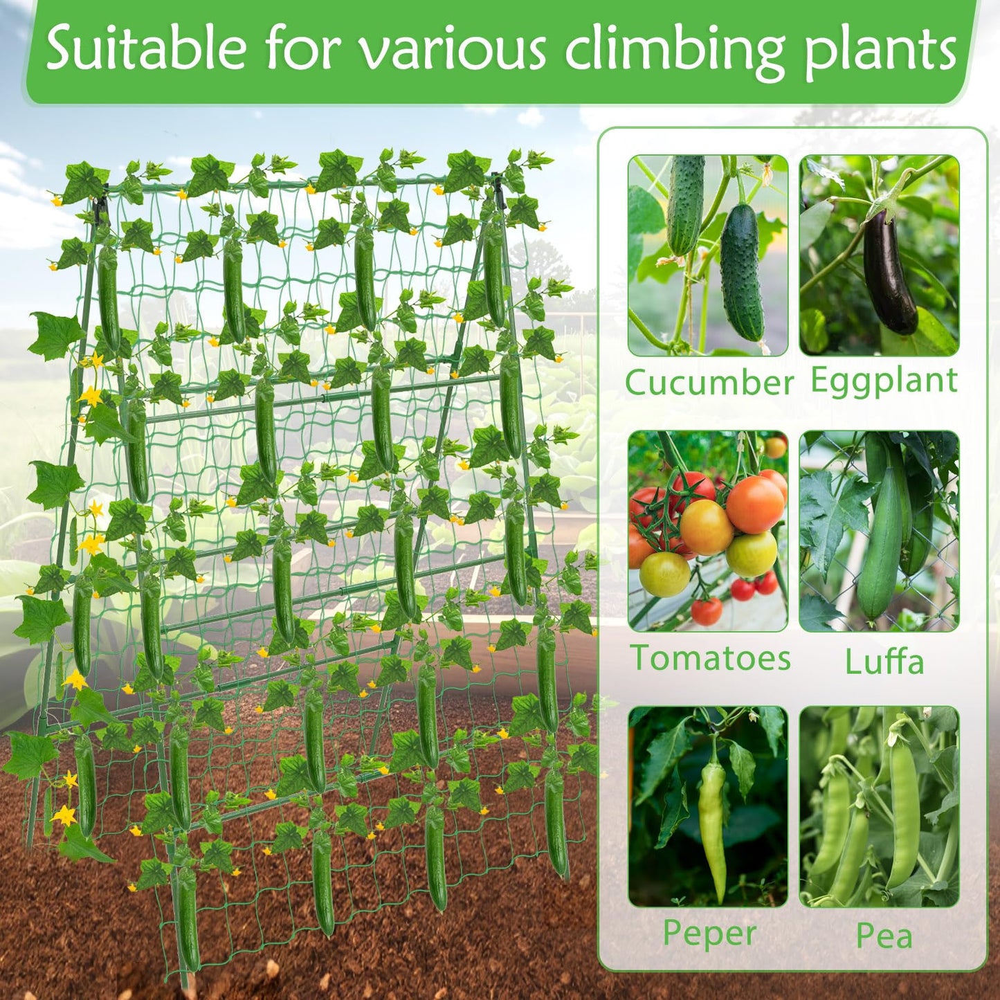 32 x 53 Inch Cucumber Trellis for Climbing Plants Outdoor A-Frame Garden Trellis for Raised Bed Detachable Sturdy Garden Plant Support Trellis for Small Plant Vegetable Flower Grape with Climbing Net