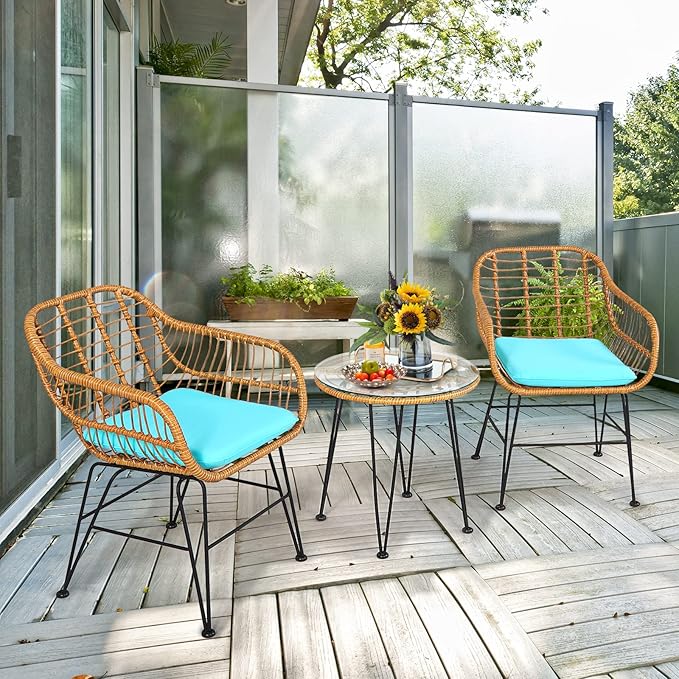 Tangkula 3 Pieces Patio Bistro Set, Rattan Conversation Set