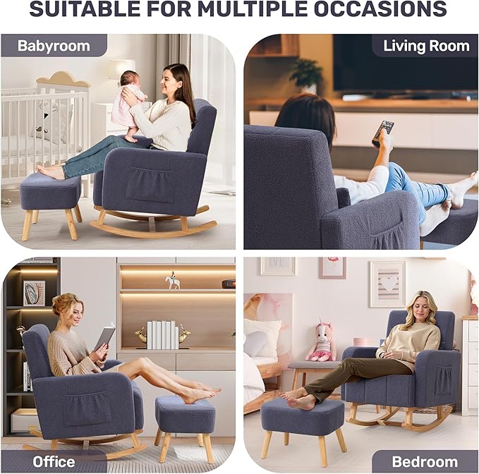 HCHAIRH Rocking Chair with Ottoman, Upholstered Glider Rocker with High