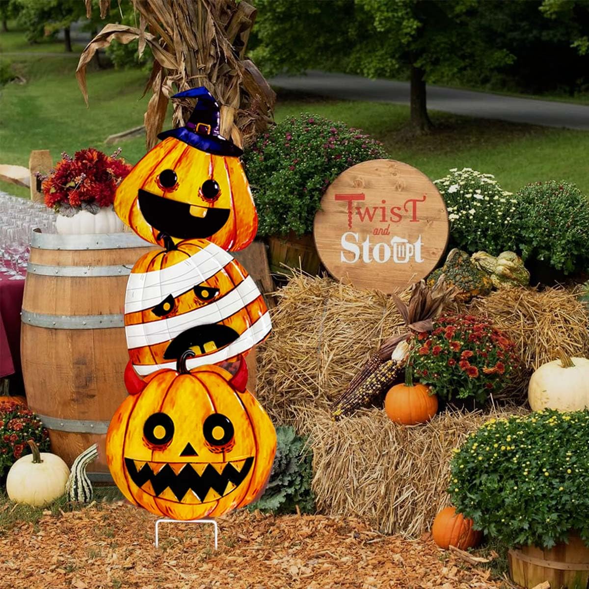 3 Packs Halloween Garden Stakes, Stacked Metal Pumpkins Jack-o-Lantern LawnDecor, Halloween Decorative 3D Pumpkin Yard Signs Stake for Outdoor Front Garden Pathway Decorations