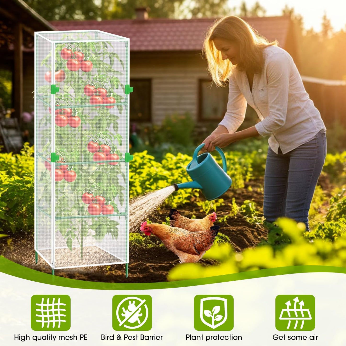 3Pack Garden Bird Netting Plant Cover for Square Tomato Cage,55.1"x15.7" Insect Bird Barrier Tomato Cage Net with Zipper&12pcs Clips,Tomato Trellis Netting Protection Mesh Cover for Protecting Plants