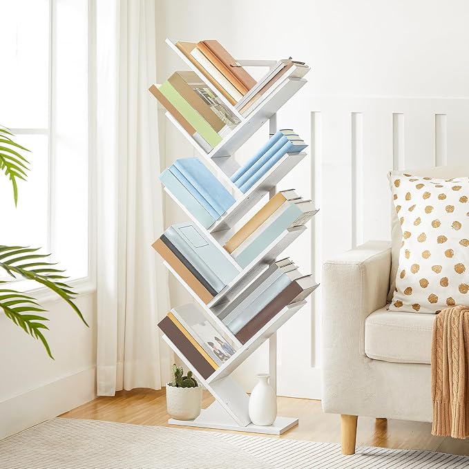 HOOBRO Tree Bookshelf, 9-Tier Bookcase Wooden Shelves, Floor Standing Storage