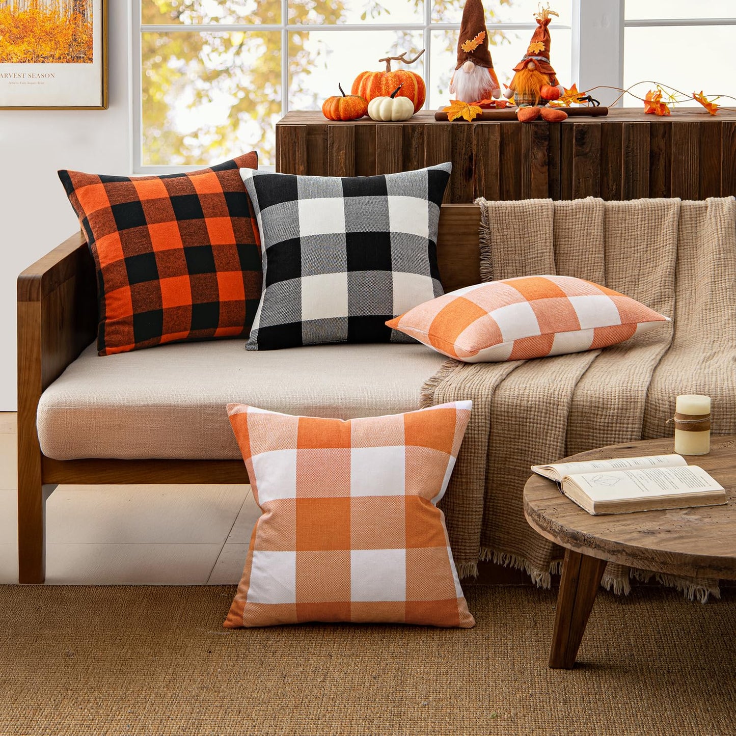 MIULEE Fall Throw Pillow Covers Halloween Decorations Pack of 2 Buffalo Check Farmhouse Plaids Polyester Linen Outdoor Cushion Case for Sofa Couch Orange and Black 18 x 18 Inch 45 x 45 Cm