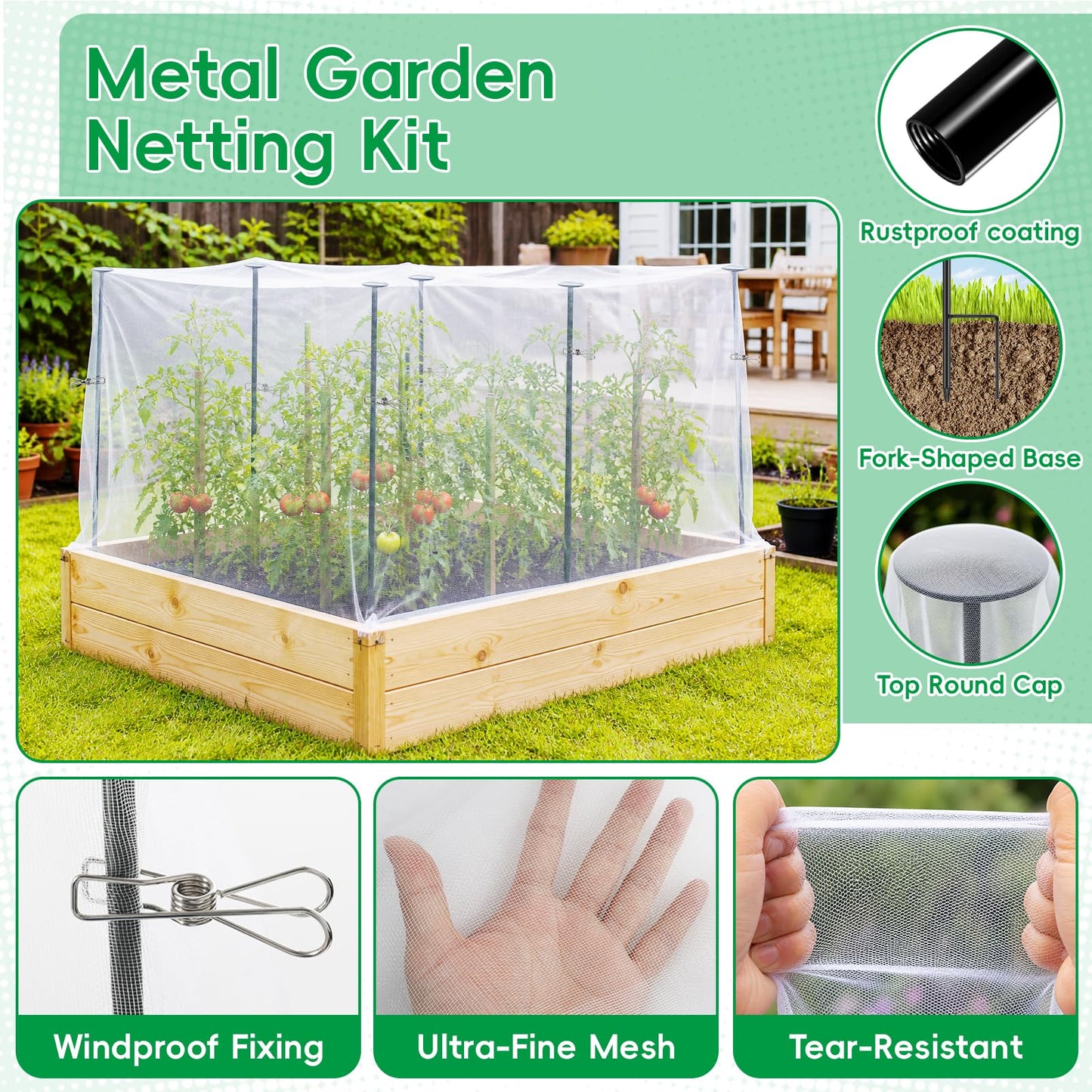 Metal Garden Netting Covers Kit for Raised Beds, 6 Pack 2.6FT Garden Poles Support Stakes with 10×13FT Insect Pest Barrier Plant Netting Mesh & 12 Clips for Vegetable Fruit Flower Garden Protection