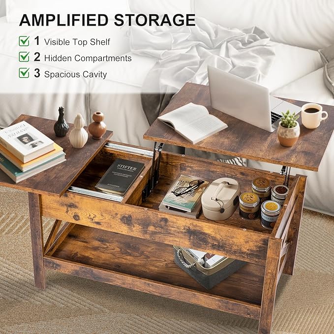 Lift Top Coffee Table with Storage, Small Coffee Table with Hidden Compartment
