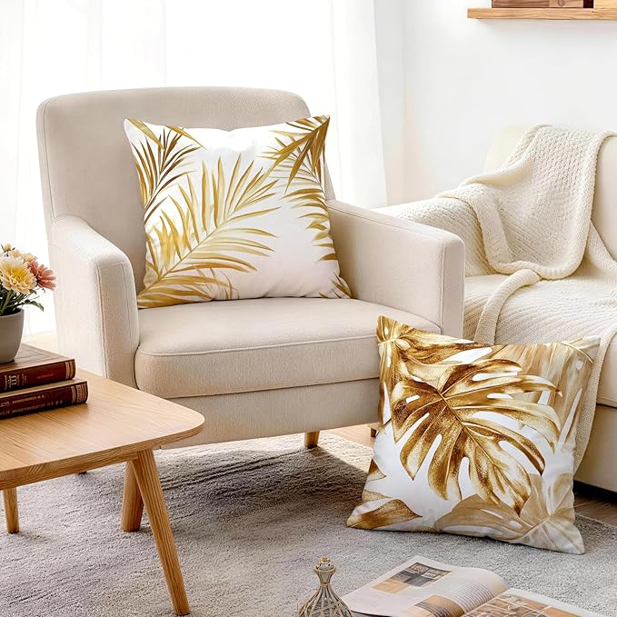 OBSEDE Golden Leaf Illustration Decorative Throw Pillow Covers 18 × 18 in