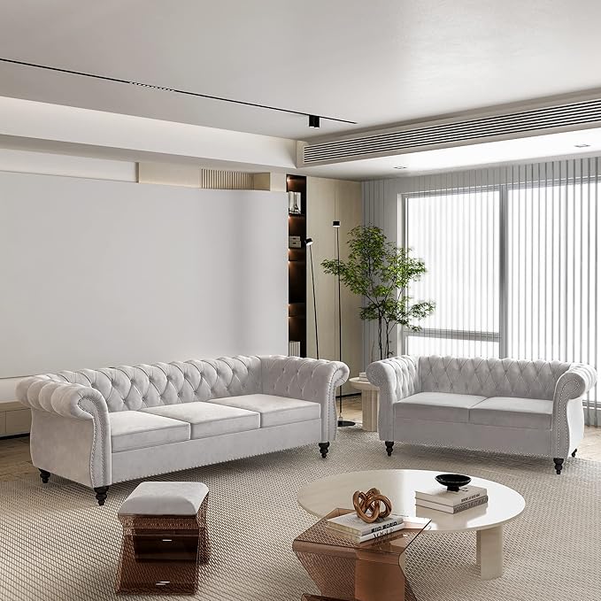 2 Piece Living Room Set, Velvet Chesterfield Sofa Loveseat Couch