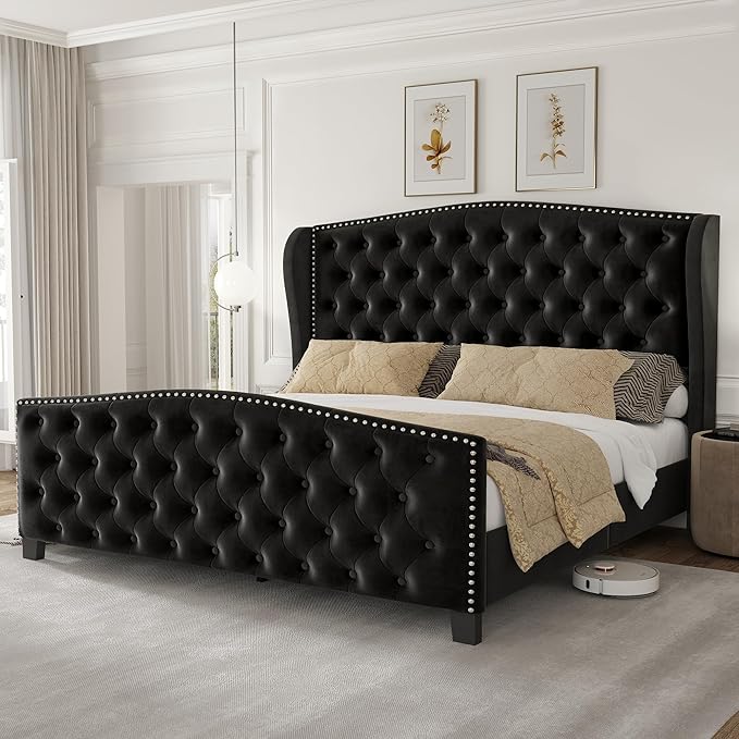 LARMACE Queen Size Bed Frame Velvet Upholstered Platform Bed