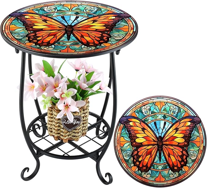 Cinnvoice Outdoor Side Table Round Small Mosaic Patio Accent Indoor End Plant