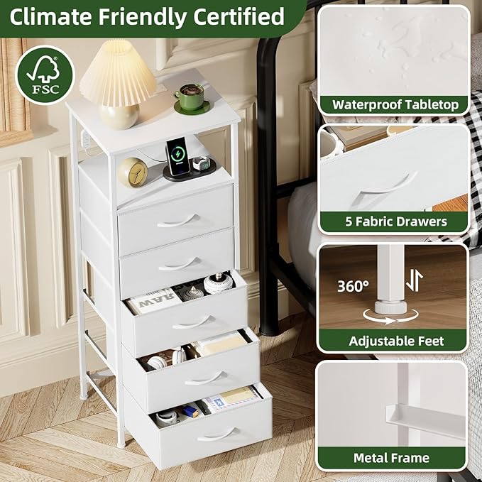 Somdot White Nightstand with Charging Station and LED Light