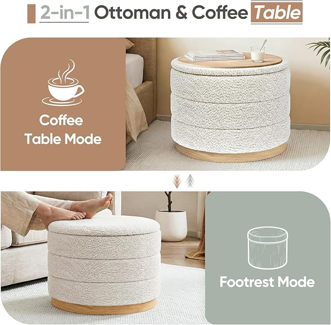 Round Storage Ottoman with Tray Lid, Folding Chenille Fabric Footrest with