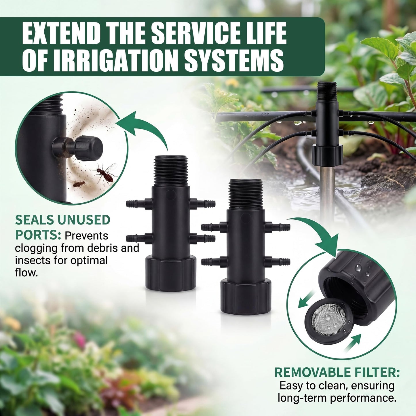 Gulfmew 10 Pack 4 Port Drip Irrigation Manifold with Filter, Drip Irrigation Riser Adapter, Watering Manifold for Gardening Systems, 1/2" Female Pipe Thread x 1/2" Male Pipe Thread x 1/4" Barbed End
