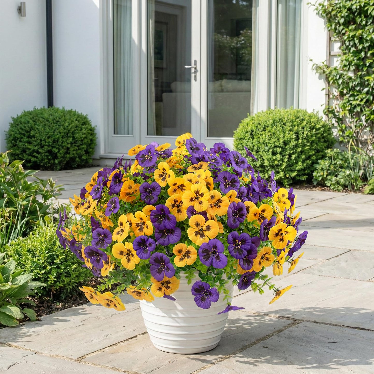 Rowfad 18 Pcs Artificial Fake Pansy Flowers for Outdoor, Faux UV Resistant Silk Pansies Flowers for Outside Planter Front Door Porch Yard Patio Window Box Home Decor (18, Yellow,Purple)