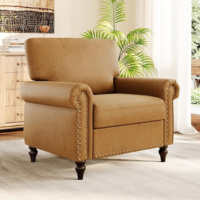 Nailhead Trim Accent Chair, Faux Leahter Mid Century Modern Living Room Arm