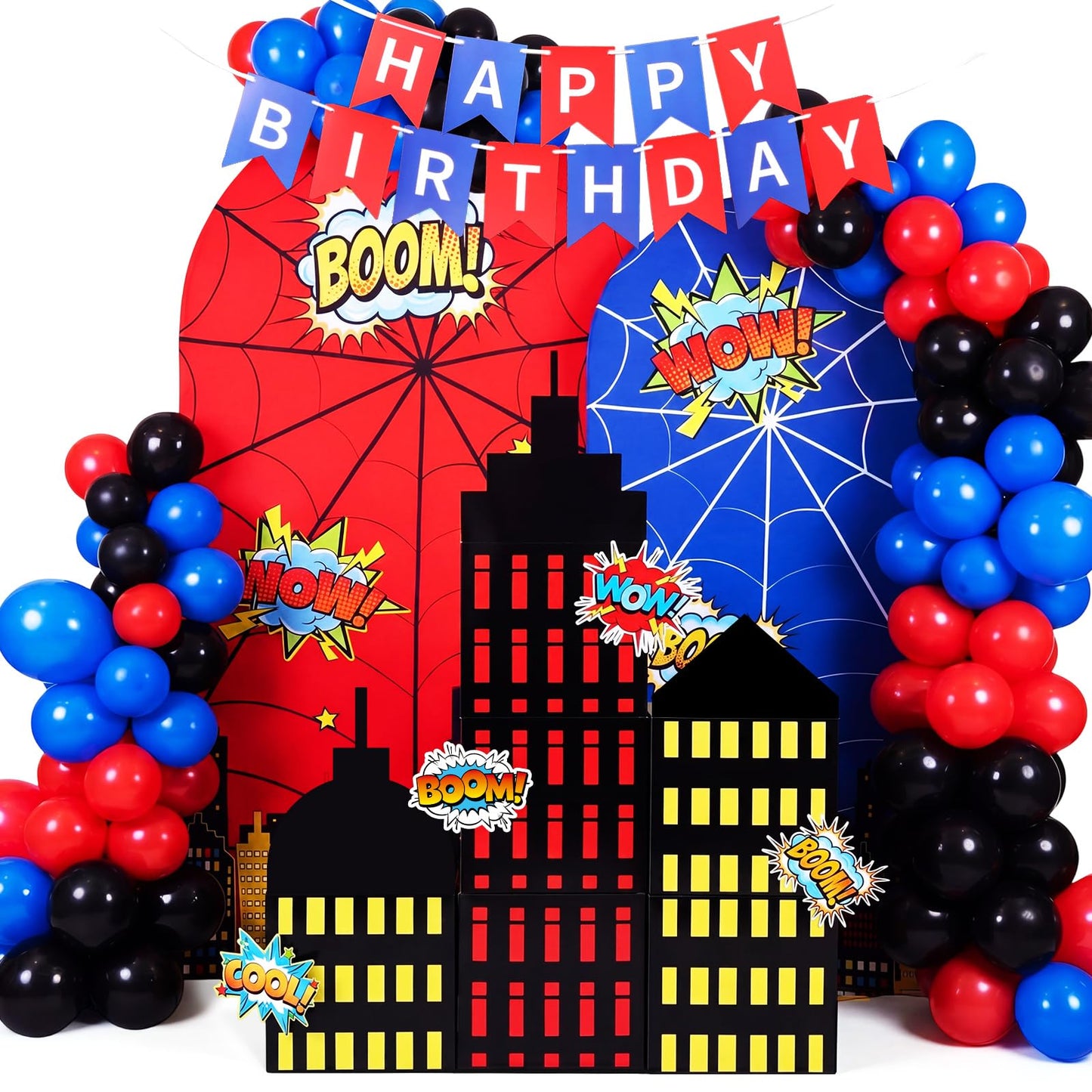 Outus 48 Pcs Spider Web Arch Backdrop Cover Balloons Skyscraper City Boxes Set 7.2ft/6ft Birthday Party Decorations for Photo Props Indoor Outdoor Cosplay Wedding Baby Shower Halloween Backdrop Decor