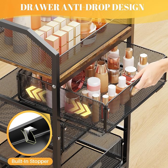 SUNALLY Makeup Organizer Cart with 4 Drawers, Rolling Makeup Storage Cart Metal Skincare Organizers, Large Vanity Storage Organizer Cosmetics Display Cases for Skin Care Perfume Nail Polish, Black