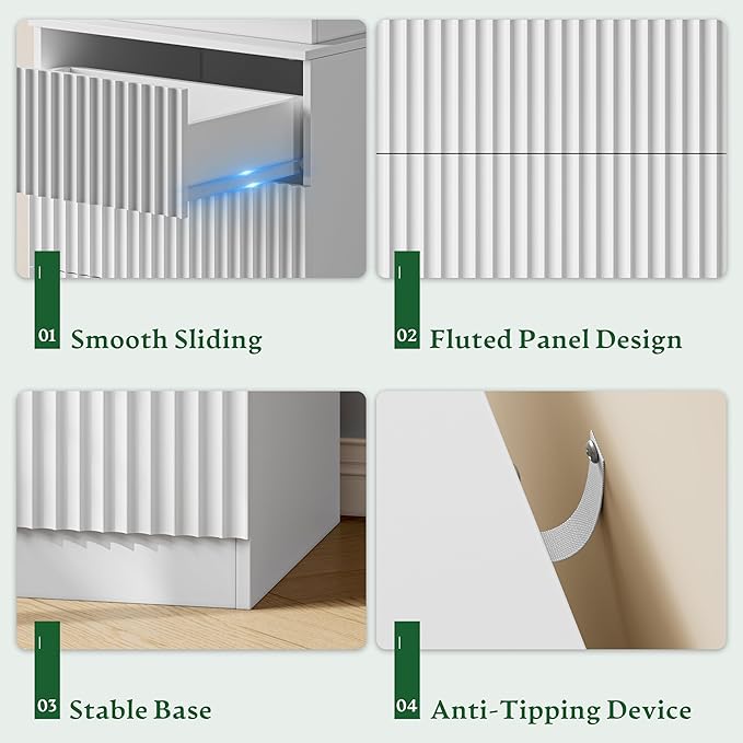 Xixini Nightstand with Charging Station and LED Lights, Fluted Night Stand with