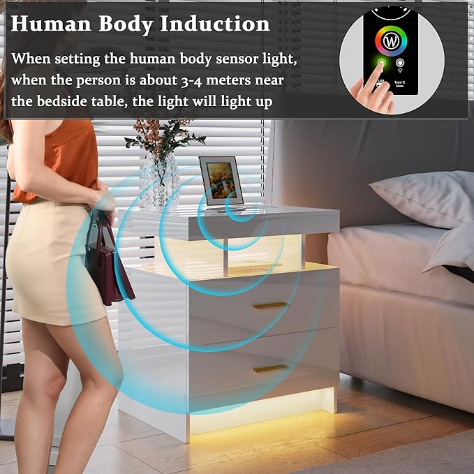 HNEBC Auto LED Nightstand with Wireless Charging Station & USB Ports, High