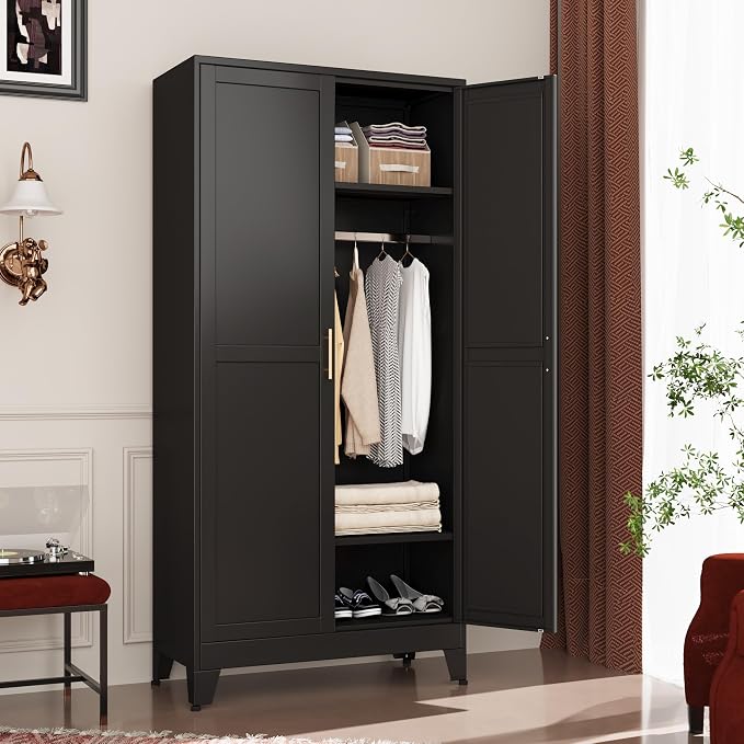 GAIOUS Metal Wardrobe Cabinet with Hanging Rod, Clothing Storage Cabinets | with 2 Doors and Adjustable Shelves, 71" Metal Black Armoire Wardrobe Closet for Bedroom, Laundry Room, Cloak Room