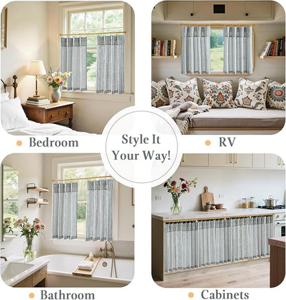 jinchan Striped Linen Kitchen Curtains with Attached Valance 24 Inch Length Cafe Tier Curtains for Living Room Rustic Half Window Light Filtering Rod Pocket Small Drapes 2 Panels Blue