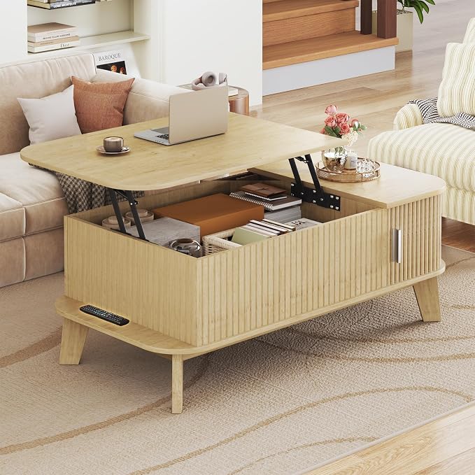 HUAHUU Coffee Table with Storage, 37.4" Lift Top Table for Living Room, Mid Century Modern Coffee Table with Sliding Fluted Doors for Small Space, Light Oak
