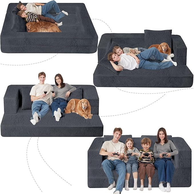 Folding Bean Bag Chair for Adults, 3-in-1 Bean Bag Couch Faux Fur Floor Sofa