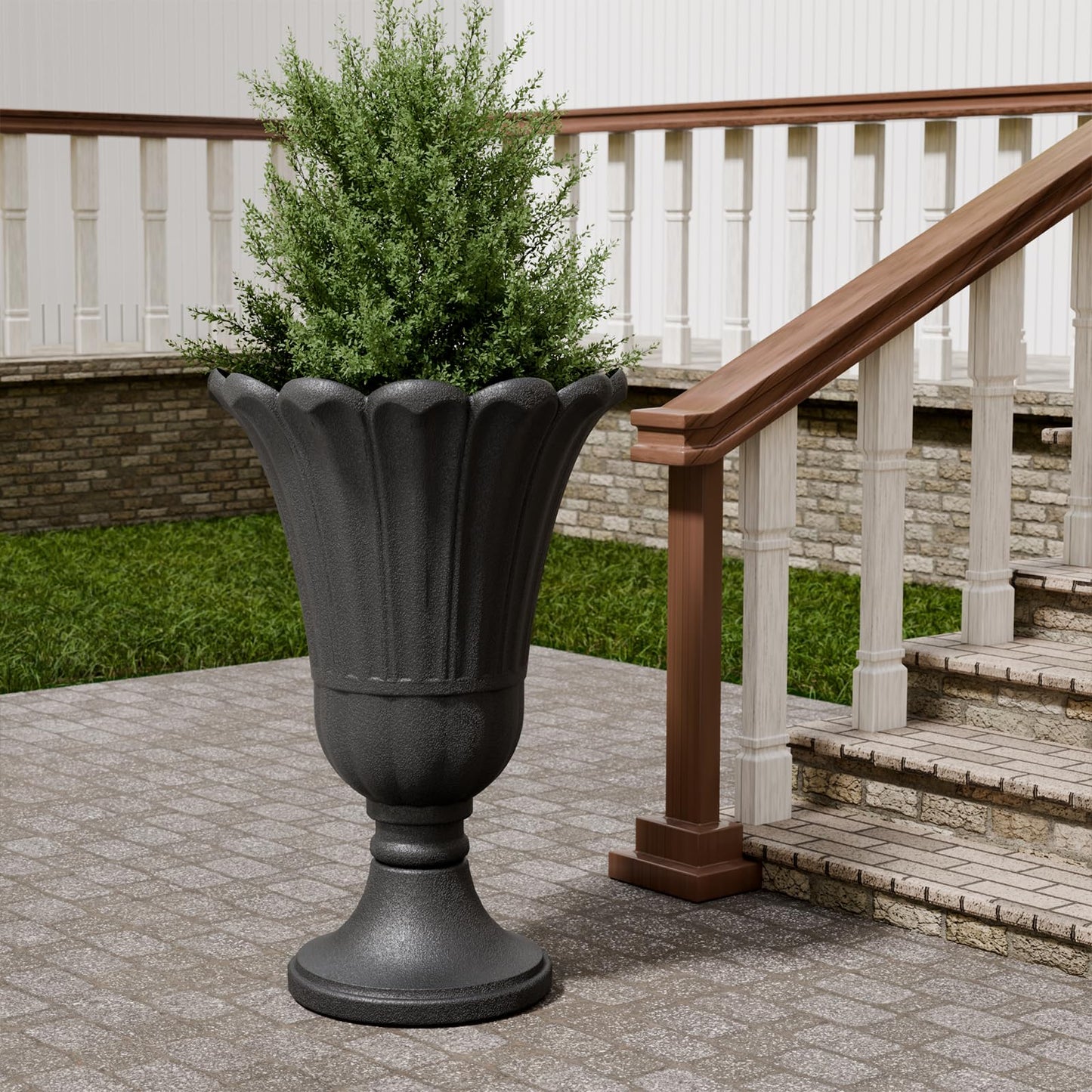 FONTOI 23" Tall Plastic Urn Planter (2-Pack) – Planters for Outdoor Plants with Drainage Holes & Petal Design, Heavy-Duty Classic Indoor Large Flower Pots for Home Garden, Front Porch & Decor, Black
