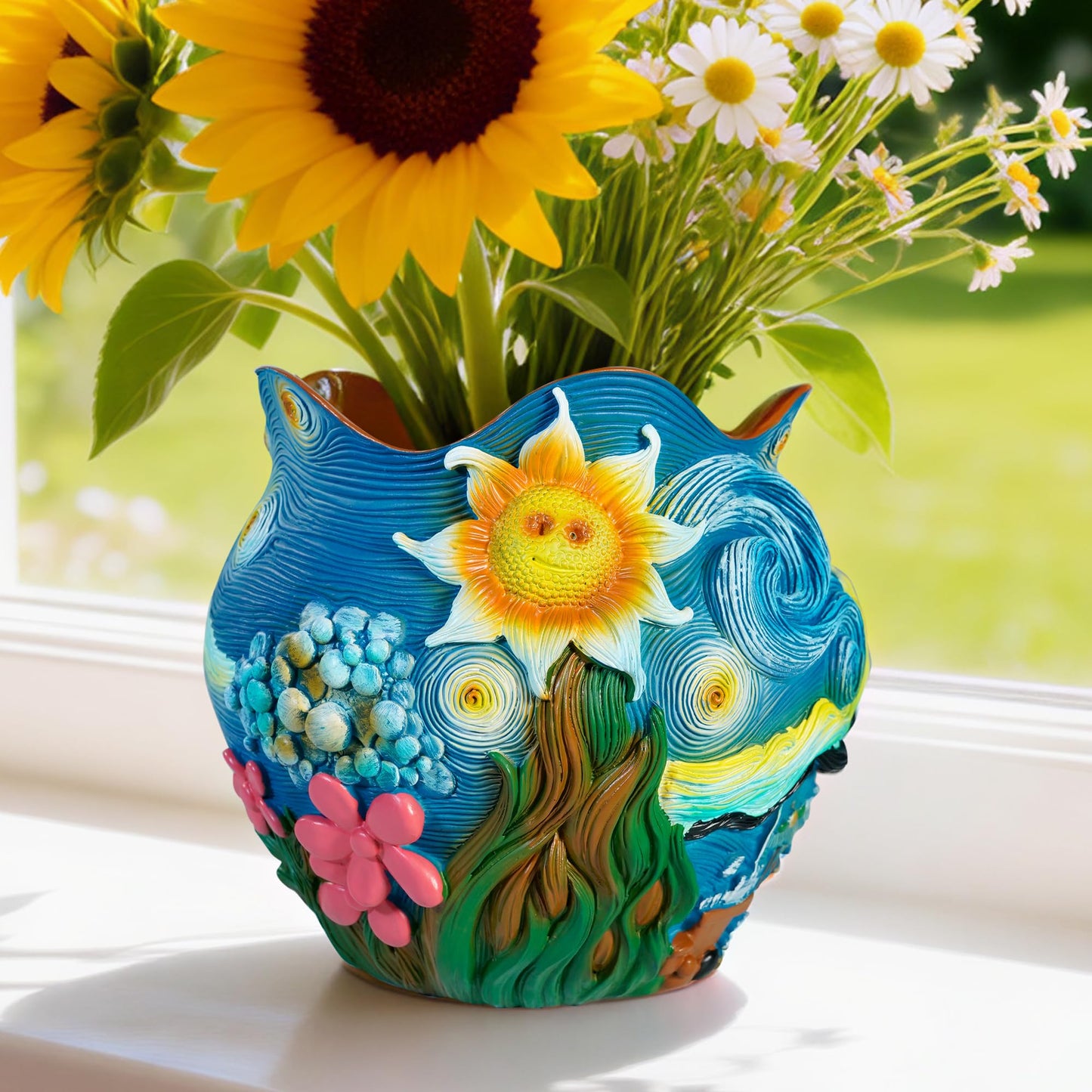 ArtCachet Sunflower Starry Sky Plant Pots-Cute Unique Flower Pots with Drainage Hole, Resin Planters for Indoor Outdoor Succulent Planter, Plant Gifts for Mother's Day, Birthday, Christmas(Colours)