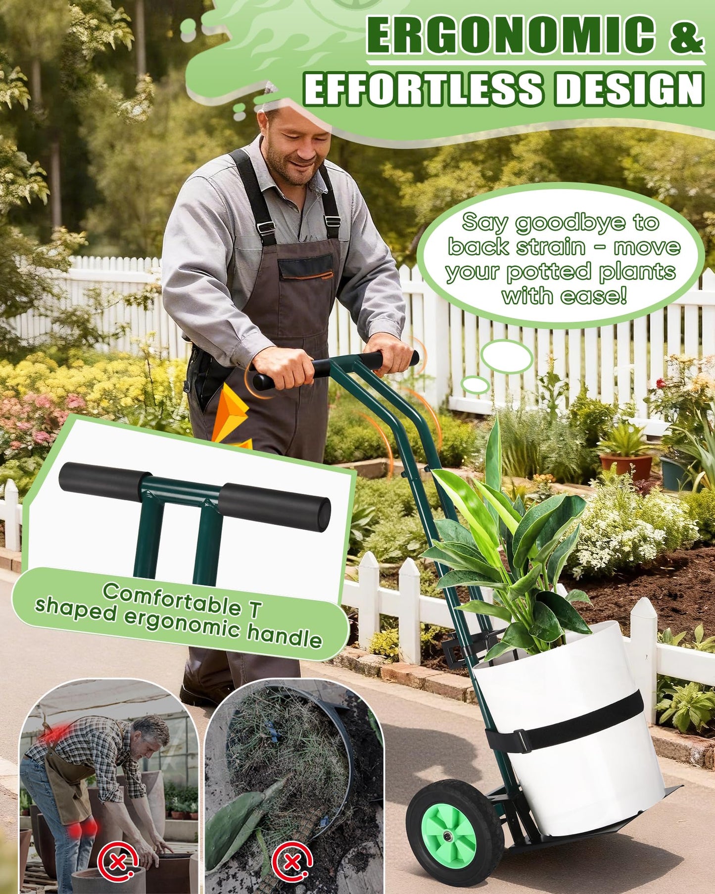 AugFir Plant Caddy with Wheels, 260LBS Rolling Plant Dolly Pot Mover with Adjustable Grabbing Arm and Suction Cups, Heavy Duty Garden Trolley Plant Cart with Strap for Indoor Outdoor Planters
