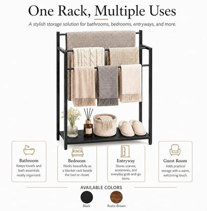 24.8" W Freestanding Towel Rack, 3 Tier Blanket Ladder Stand with Black Wooden Shelf for Bathroom Living Room