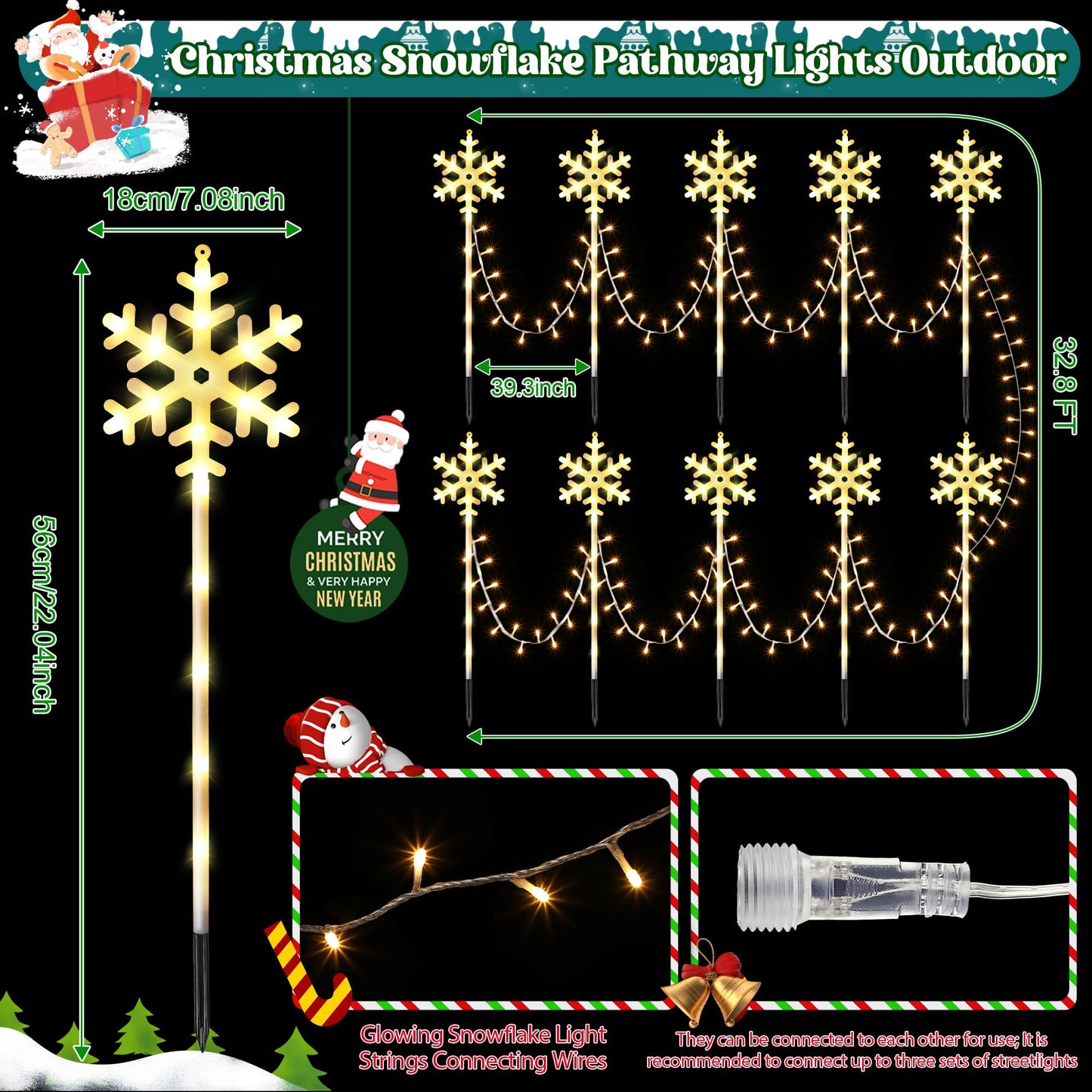 ElectricWise 10 Pcs Christmas Snowflake Pathway Stake Lights for Outdoor Yard, 370 Bright LEDs Waterproof Large Christmas Snowflake Light Decoration for Garden Lawn Driveway Walkway Decor (Warm White)