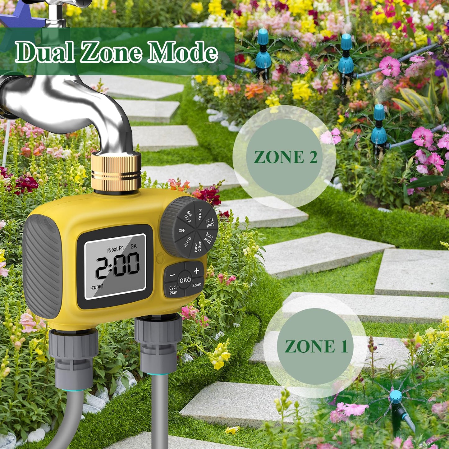 TRJZWA 150FT Drip Irrigation System Kit with 2 Zone Water Timer for Garden,High-Flow Mainline Automatic Watering System,16PCS Adjustable Nozzles,Fast-Plug Tube for Agricultural Yard,Lawn,Greenhouse