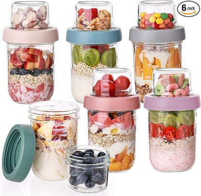 Wells 6 Pack Overnight Oats Containers with Lids, 16 OZ Dual Layer Yogurt Containers with Dry and Wet Separation, Airtight Leak Proof Oatmeal Jar for Chia Pudding, Breakfast, Cereal