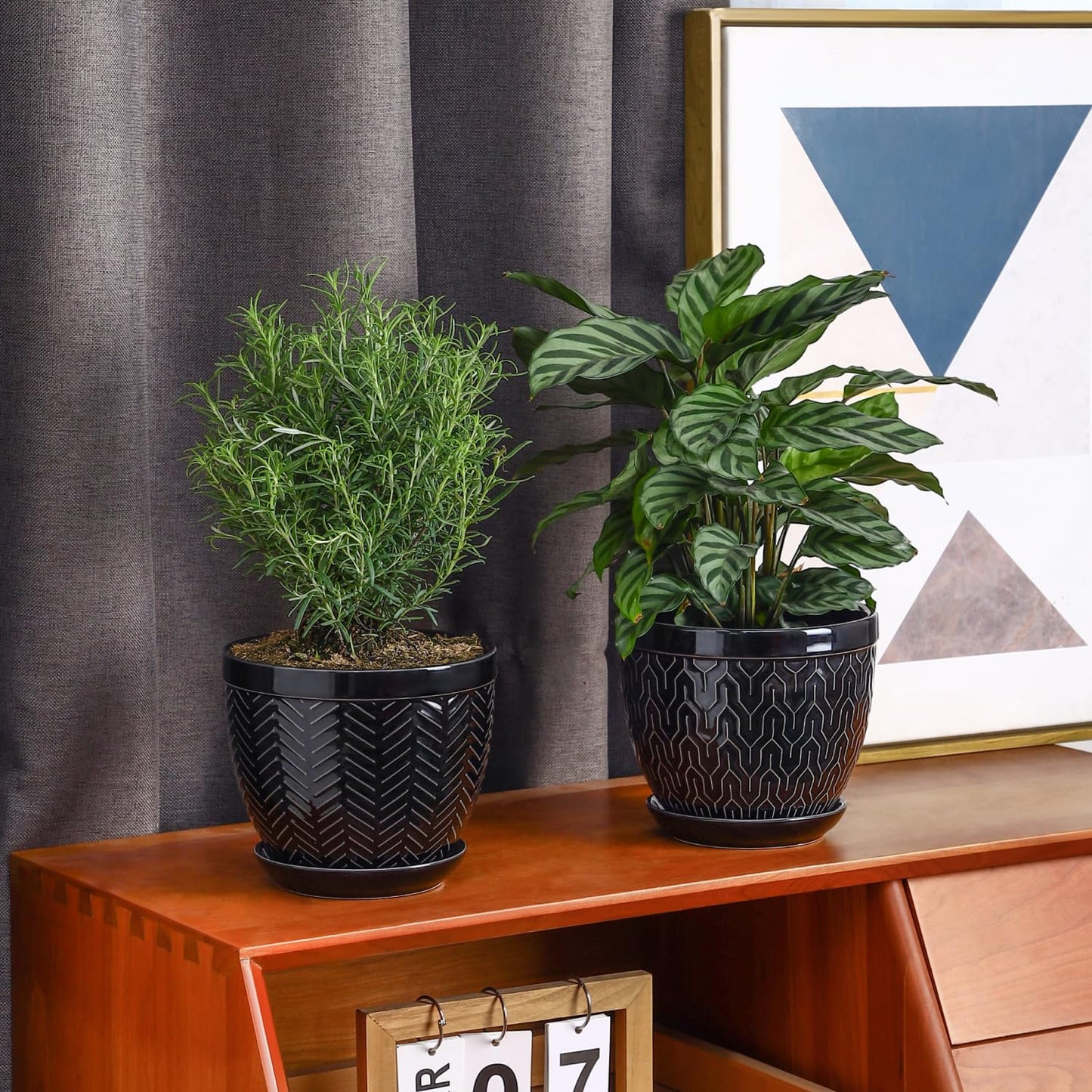 Sureasy 6.5 Inch Ceramic Plant Pots, Embossed Decorative Planters with Drainage Hole and Saucer, Modern Flower Pots for Indoor Plants, Set of 2, Black