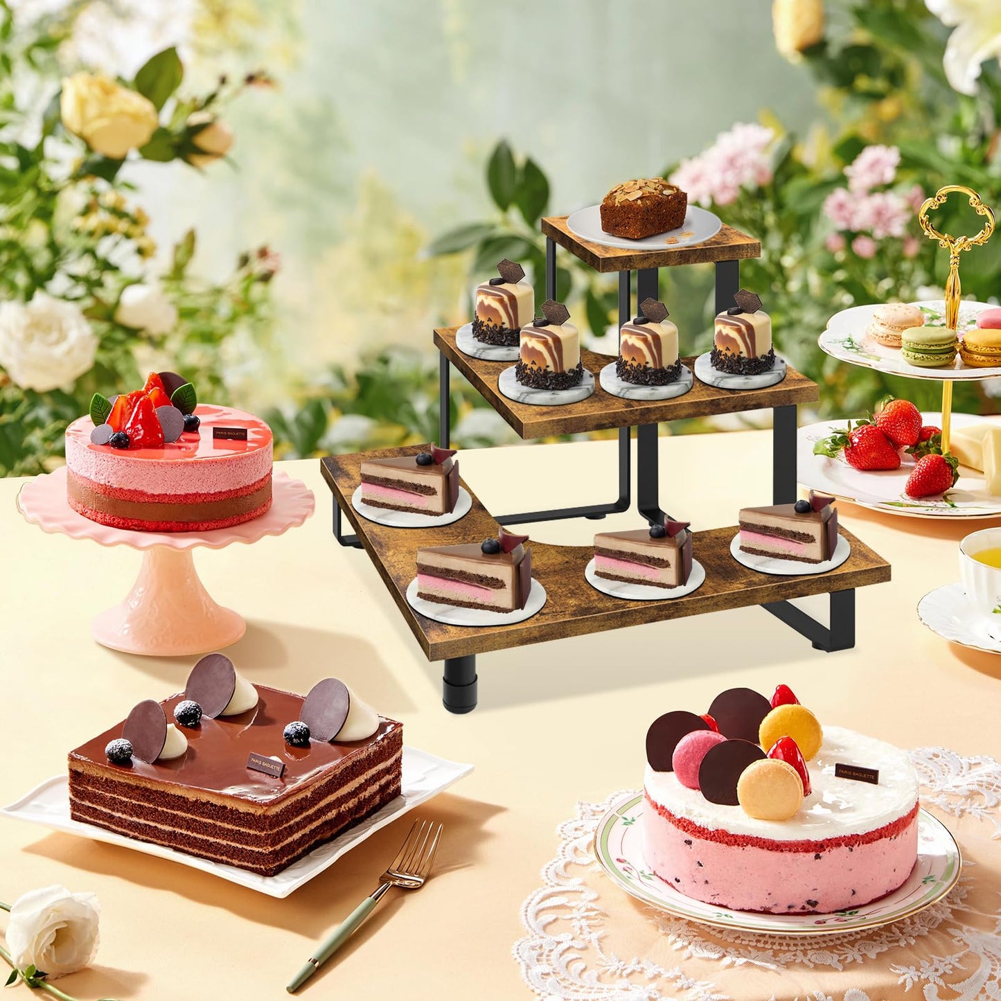 ELITEROO 3-Step Tiered Corner Display Shelves, Portable Wooden Retail Cupcake Food Stand Display Table, Collectibles Riser Tower Stand, Vendors Display Shelf Rack, Farmers Market Counter Top Risers